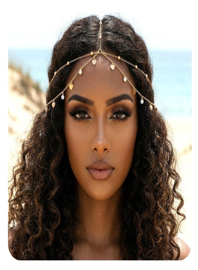 Nogeqi سلسلة رأس ذهبية مرصعة بأحجار الراين والترتر، قطعة رأس مصرية ذهبية، مجوهرات رأس جنية للنساء والفتيات، إكسسوارات شعر مصرية للمهرجانات وحفلات الزفاف والعرائس - Image 1